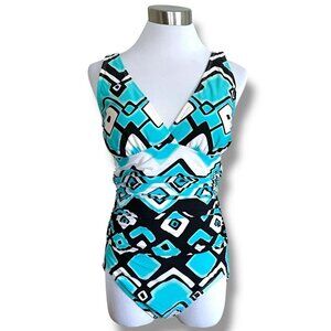 Trimswim by Jantzen Womens Swimsuit Sz 12 Blue White One Piece Tummy Control